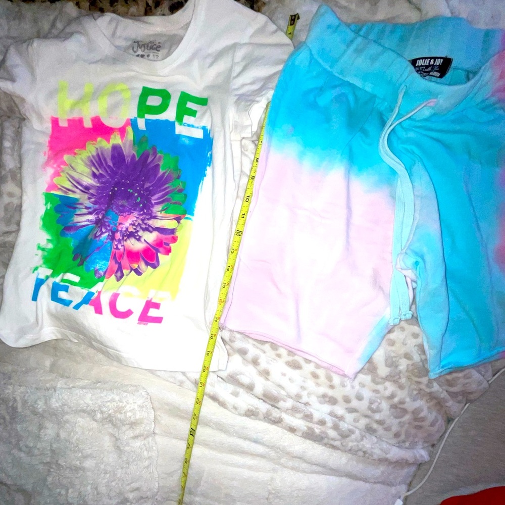 Justice size 12.Shorts blue pink tie-dye.Neon colors open piece white tee outfit